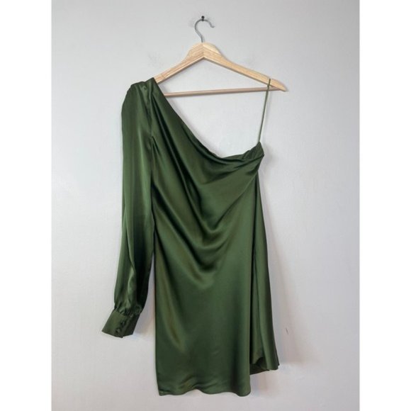 NWT Cami NYC Juanita Silk One-Shoulder Long Sleeve Rosemary Green Mini Dress - Picture 6 of 8